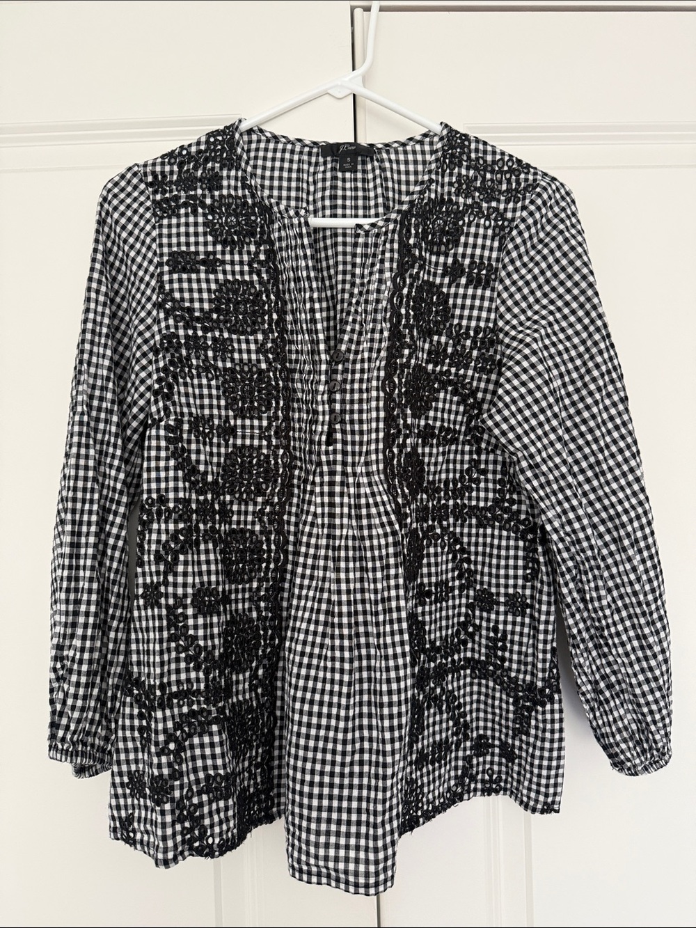 JCrew Black & White Gingham Embroidered Women's Top